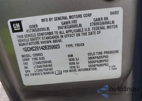 2002 Chevrolet Silverado 2500Hd Ls z USA, uszkodzony, nr VIN 1GCHC29142E259923